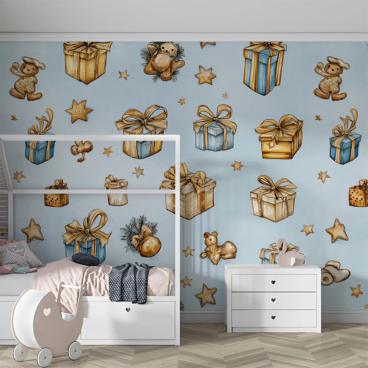 Vintage Toy and Gift Mural Wallpaper —Nostalgic Holiday Art Mural Wallpaper - pure wallpaper artwork