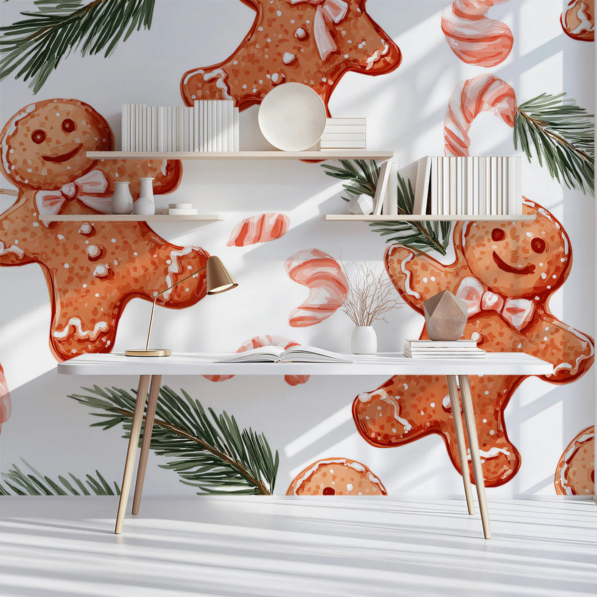 Gingerbread and Pine Branch Mural Wallpaper — Whimsical Holiday Art Mural Wallpaper - pure wallpaper artwork