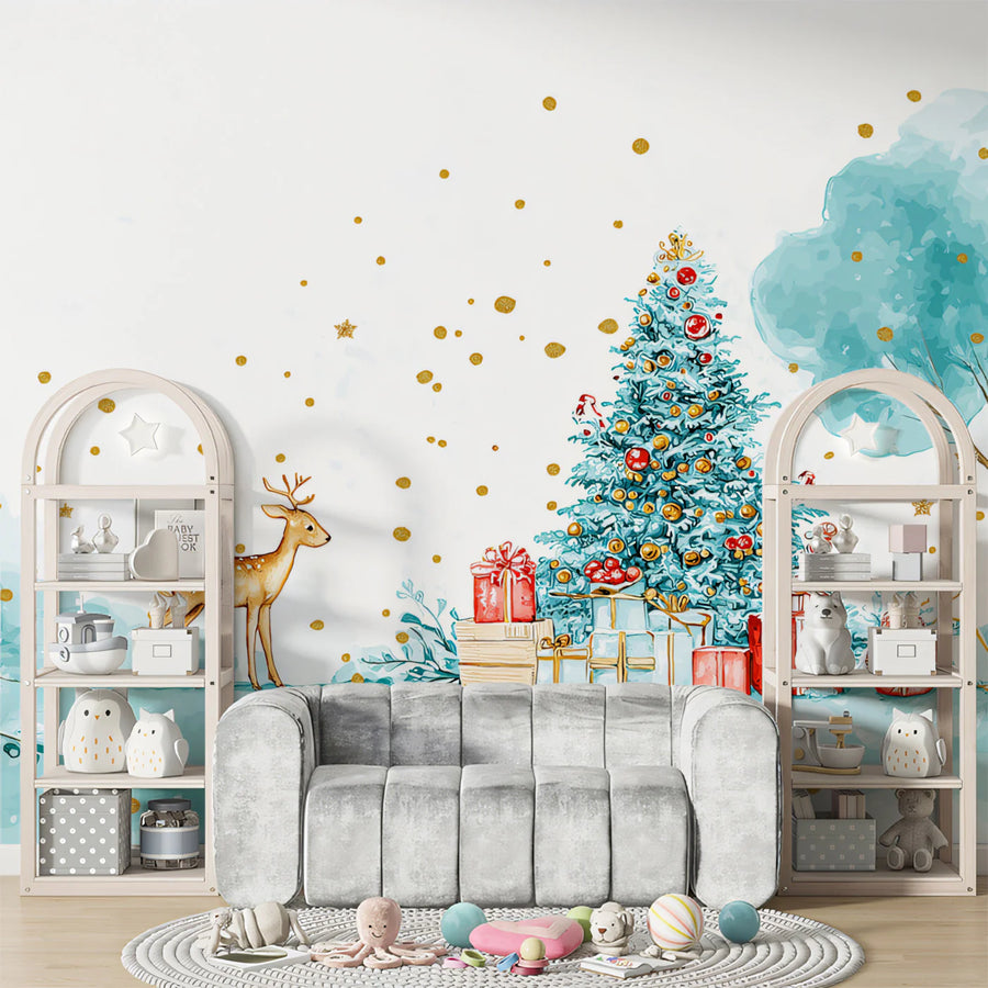 Whimsical Watercolor Christmas Forest Mural Wallpaper