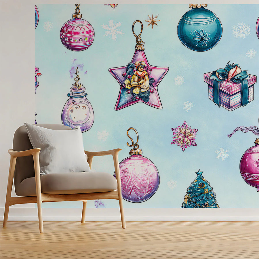 Whimsical Holiday Ornament Mural Wallpaper — Watercolor Blue & Pink Mural Wallpaper