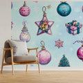 Whimsical Holiday Ornament Mural Wallpaper — Watercolor Blue & Pink Mural Wallpaper - pure wallpaper artwork