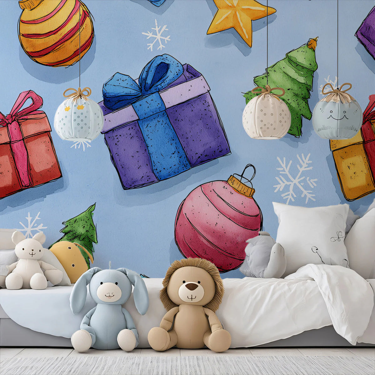Watercolor Holiday Gifts Mural Wallpaper — Playful Festive Pattern Mural Wallpaper - pure wallpaper artwork