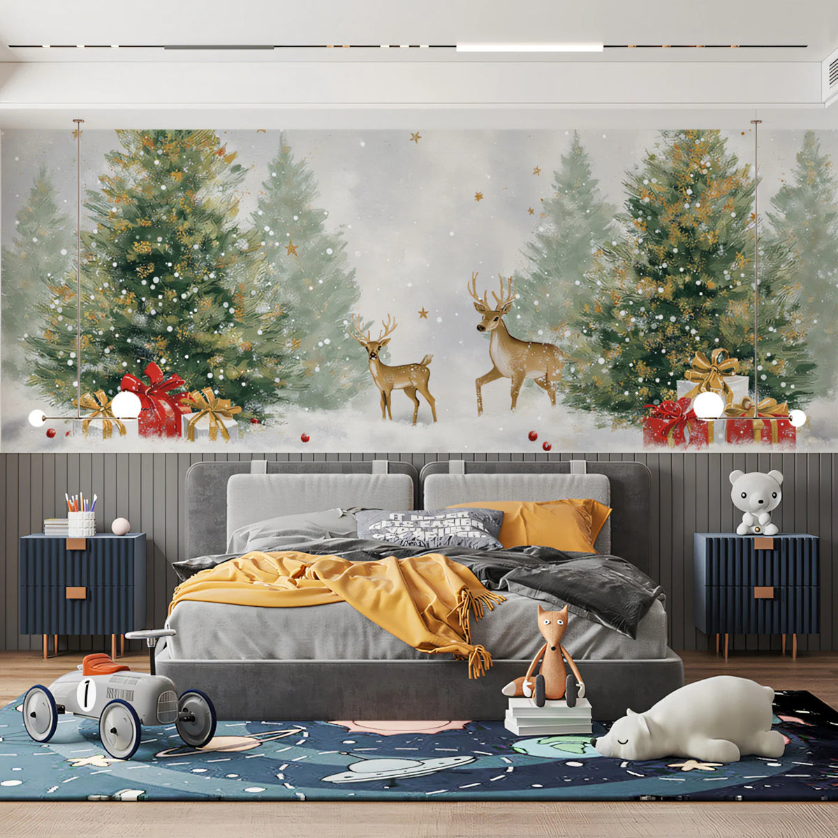 Winter Forest Deer Mural Wallpaper — Festive Gold and Green Scene Mural Wallpaper - pure wallpaper artwork