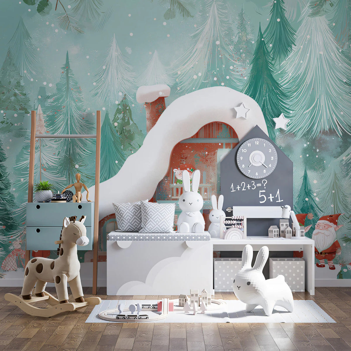 Snowy Elf Cottage Winter Mural Wallpaper — Whimsical Storybook Scene Mural Wallpaper - pure wallpaper artwork