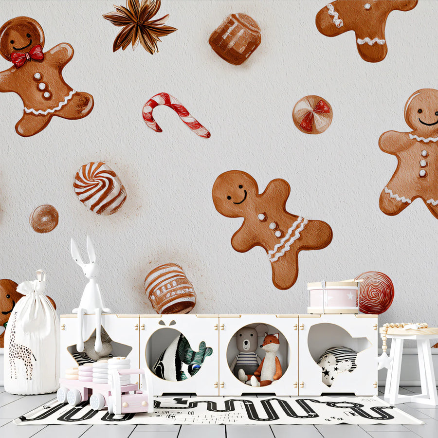 Watercolor Gingerbread and Candy Holiday Mural Wallpaper