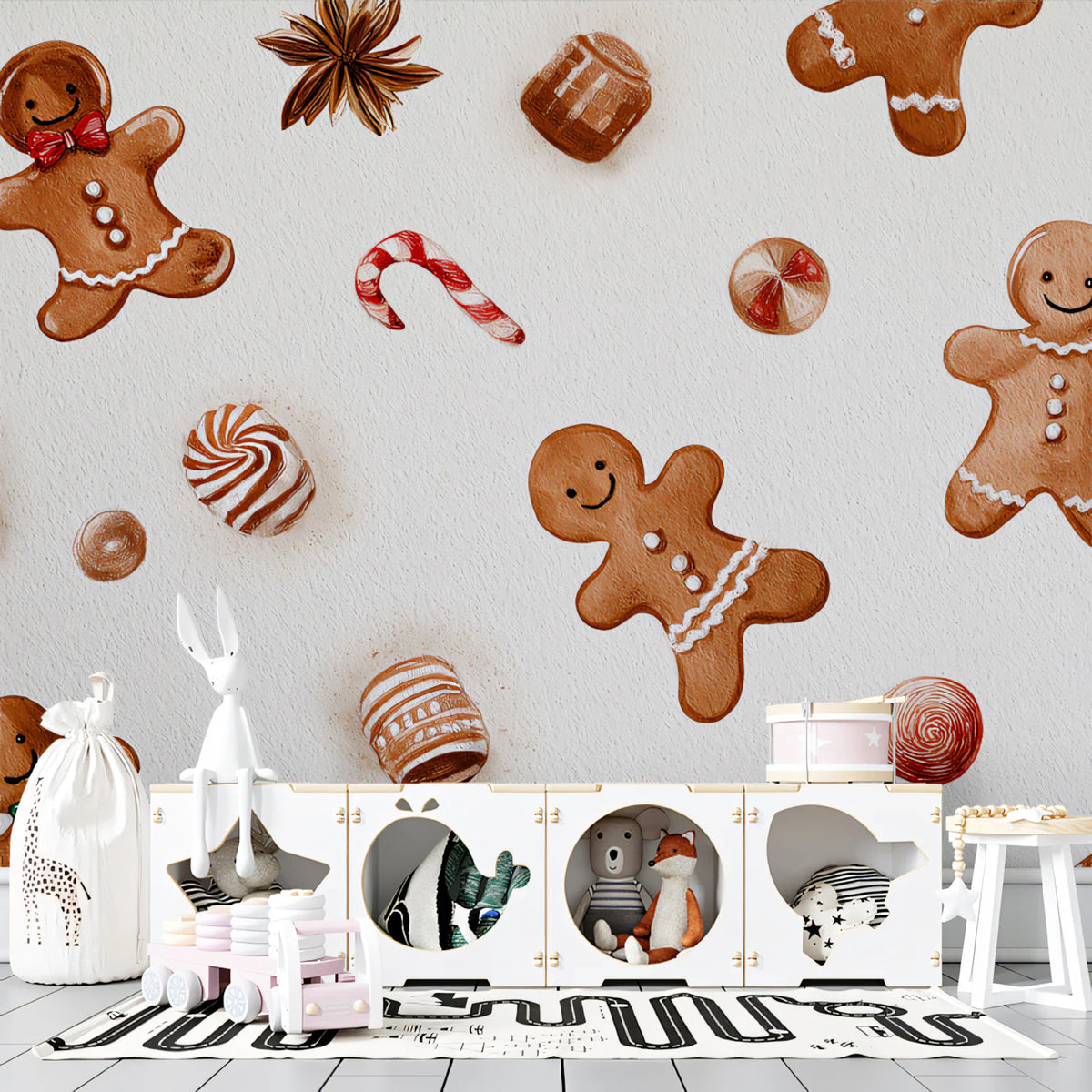 Watercolor Gingerbread and Candy Holiday Mural Wallpaper - pure wallpaper artwork