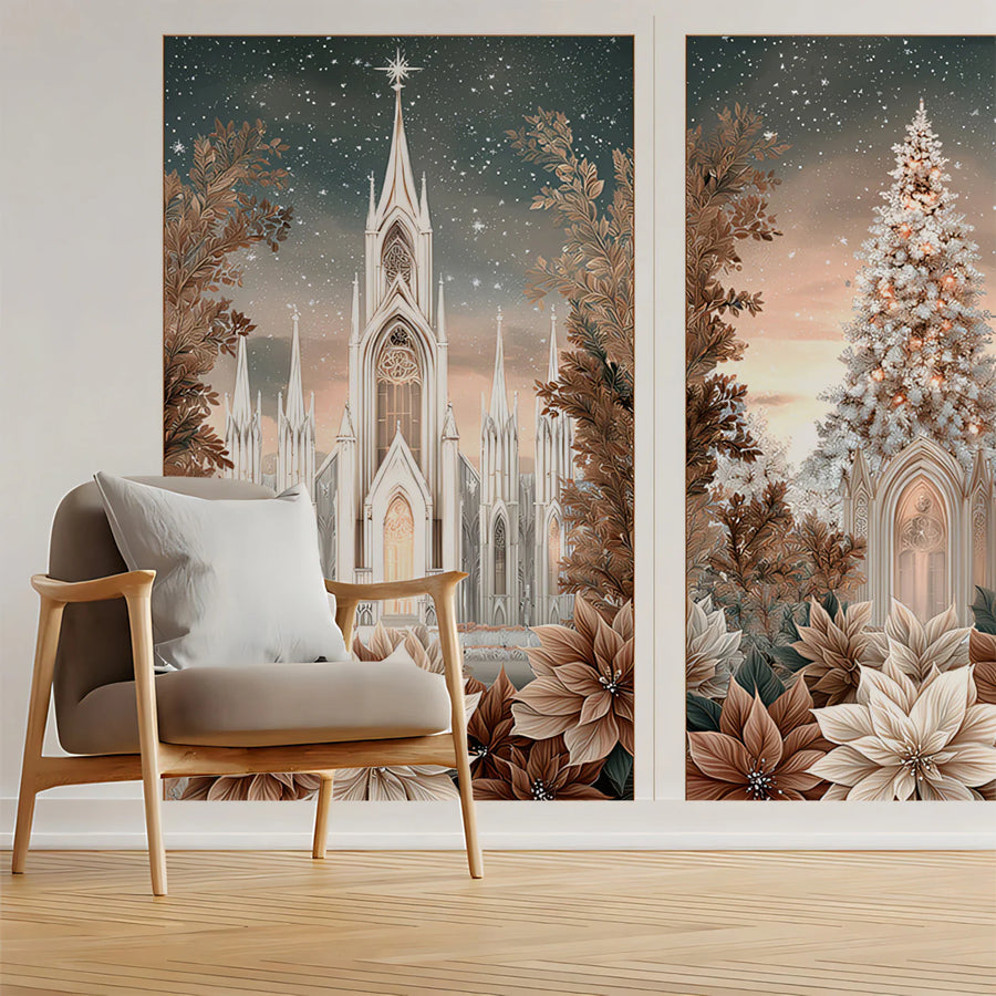 Gothic Poinsettia Triptych Mural Wallpaper — Antique Sepia Finish Mural Wallpaper