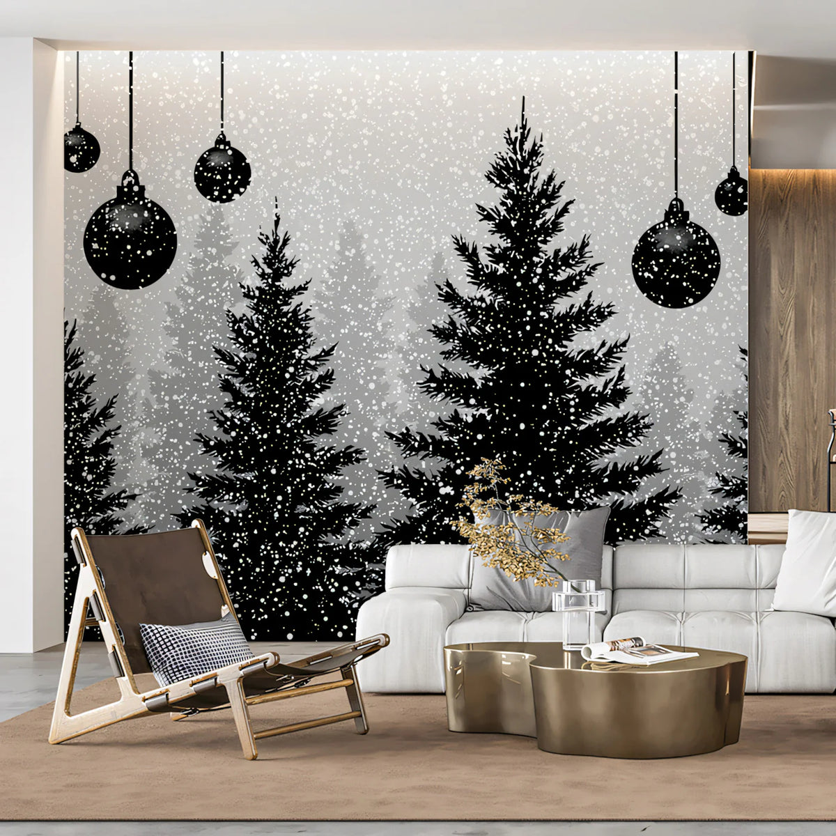 Snowy Evergreen Forest Silhouette Mural Wallpaper - pure wallpaper artwork