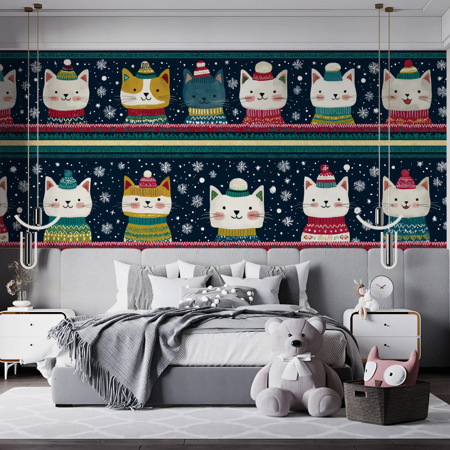 Festive Cat Knit Mural Wallpaper — Whimsical Holiday Striped Pattern Mural Wallpaper