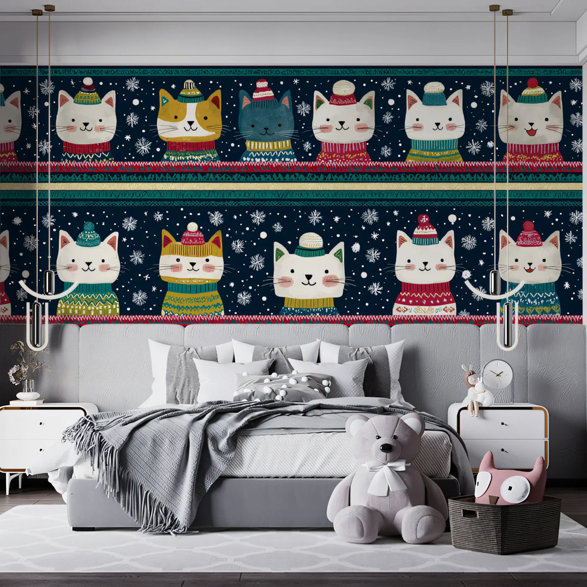 Festive Cat Knit Mural Wallpaper — Whimsical Holiday Striped Pattern Mural Wallpaper - pure wallpaper artwork