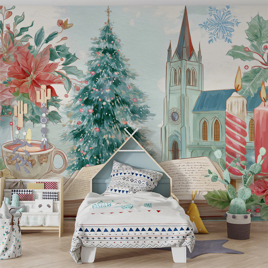 Winter Storybook Holiday Floral Mural Wallpaper