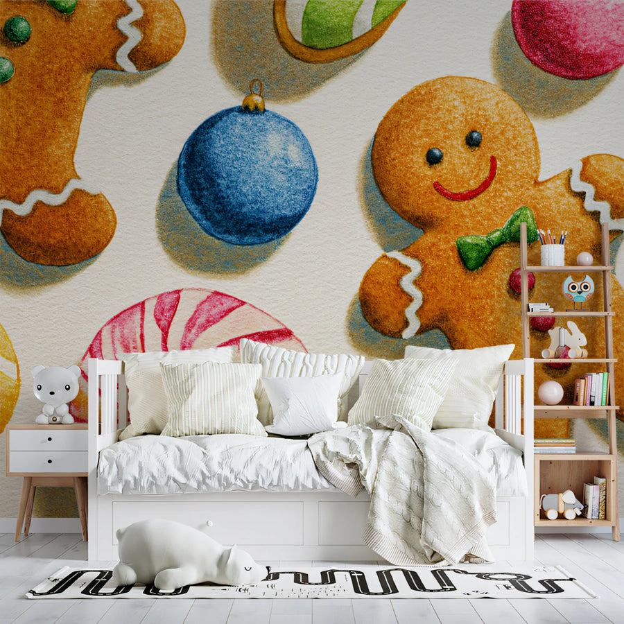 Gingerbread and Ornament Holiday Illustration Mural Wallpaper