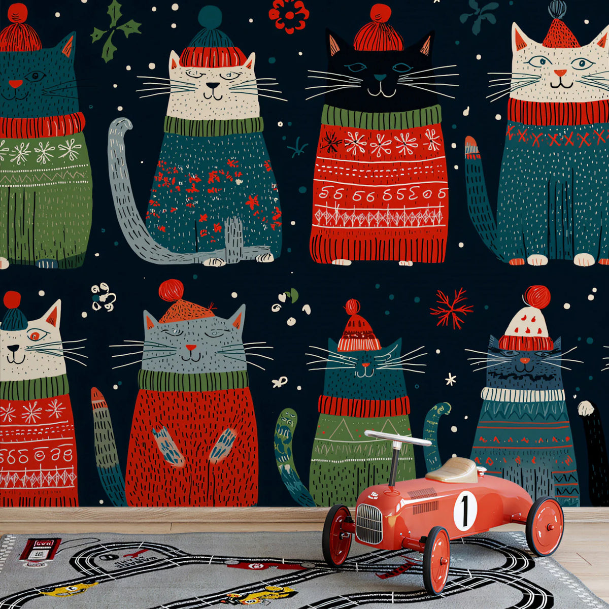 Festive Winter Cats Mural Wallpaper — Whimsical Holiday Pattern Mural Wallpaper - pure wallpaper artwork
