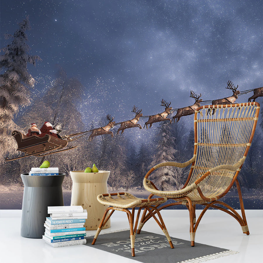 Midnight Sleigh Ride Mural Wallpaper — Festive Winter Landscape Mural Wallpaper