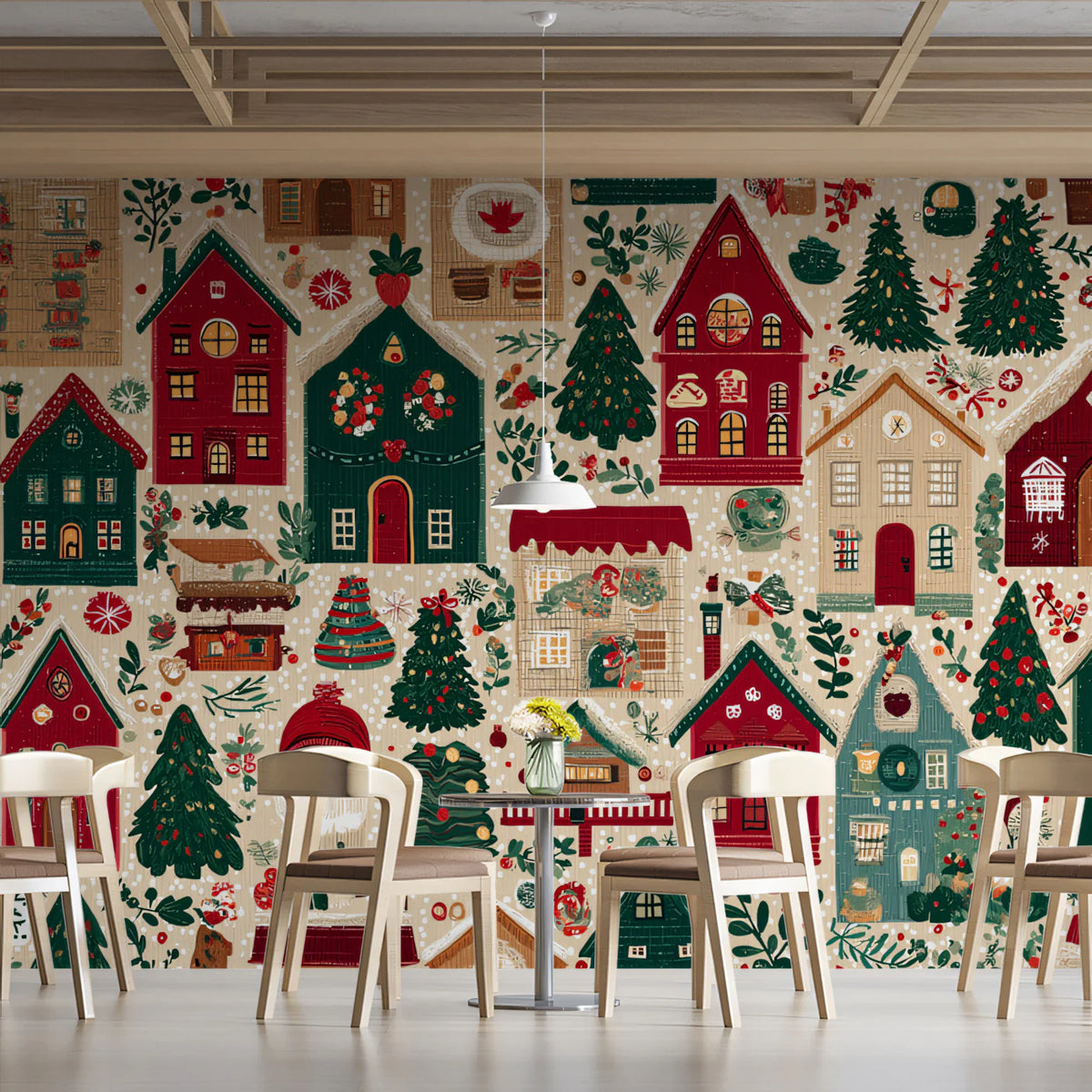 Folk Art Christmas Village Mural Wallpaper — Whimsical Holiday Decor Mural Wallpaper - pure wallpaper artwork