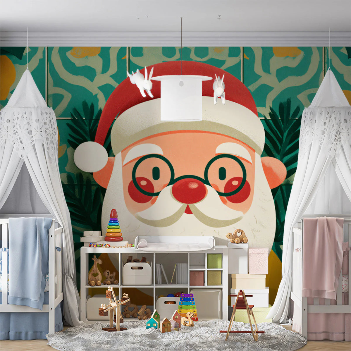 Santa Face and Portuguese Tile Mural Wallpaper — Whimsical Holiday Mural Wallpaper - pure wallpaper artwork