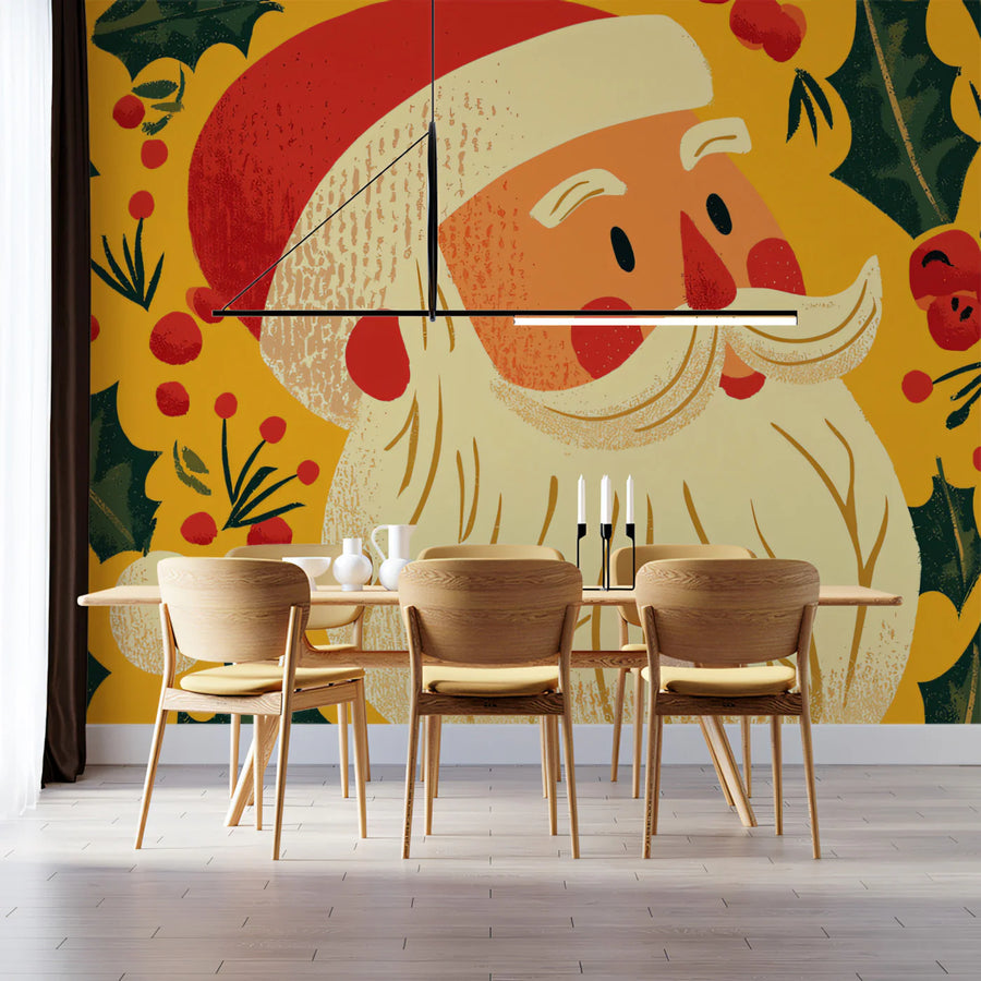 Retro Santa and Holly Mural Wallpaper —Festive Pop Art Style Mural Wallpaper