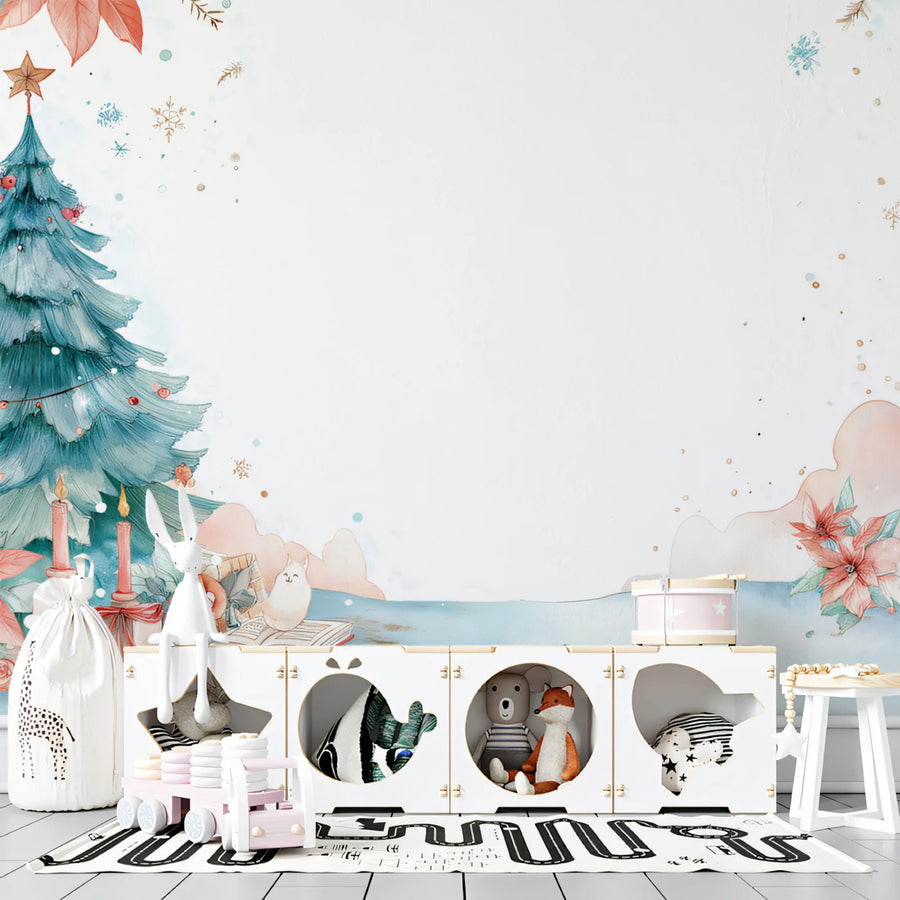 Watercolor Winter Village Mural Wallpaper — Festive Holiday Charm Mural Wallpaper