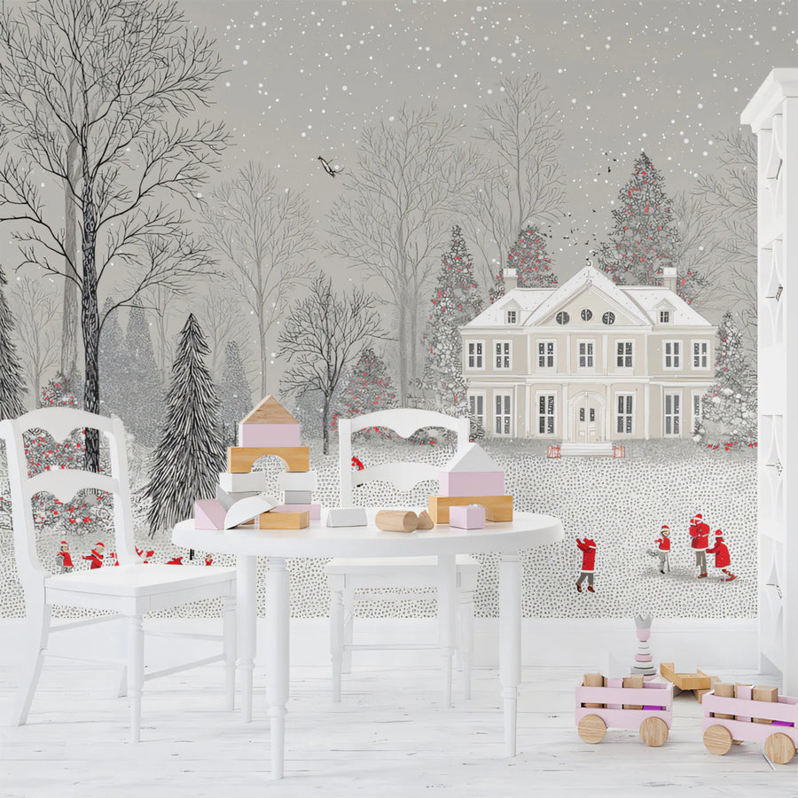 Winter Mansion Landscape Mural Wallpaper — Whimsical Red Accents Mural Wallpaper