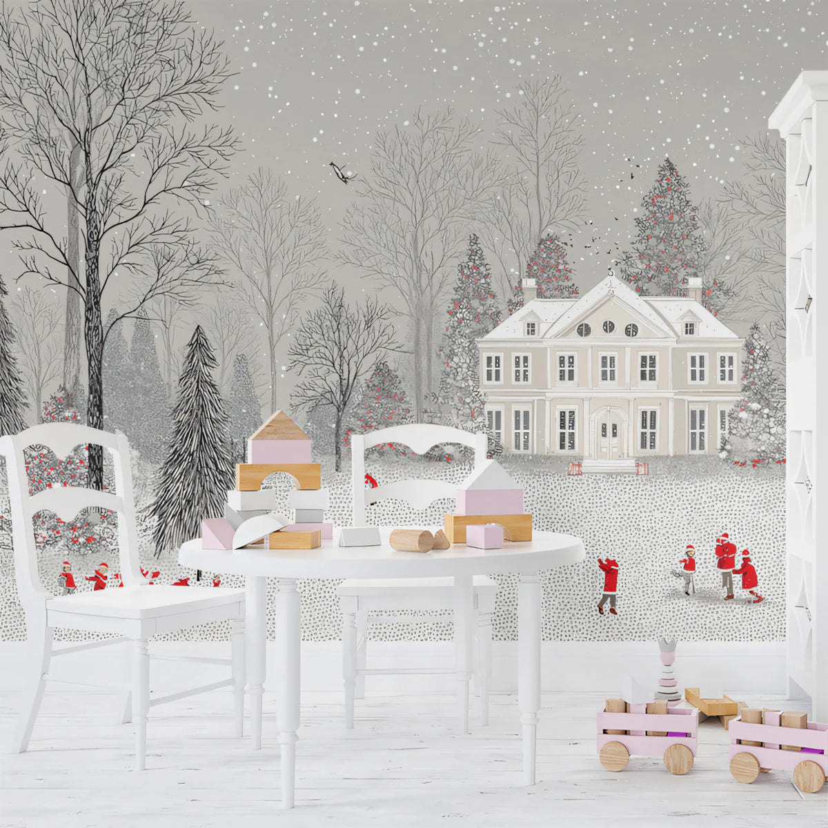 Winter Mansion Landscape Mural Wallpaper — Whimsical Red Accents Mural Wallpaper - pure wallpaper artwork