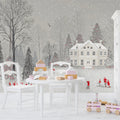 Winter Mansion Landscape Mural Wallpaper — Whimsical Red Accents Mural Wallpaper - pure wallpaper artwork