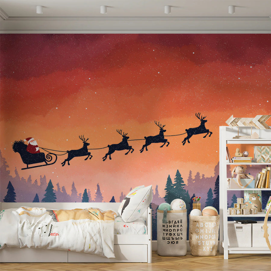 Arctic Sleigh Ride Mural Wallpaper — Festive Sunset Landscape Mural Wallpaper