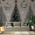 Engraved Christmas Tree Trio Mural Wallpaper — Festive Sketch Art Mural Wallpaper - pure wallpaper artwork