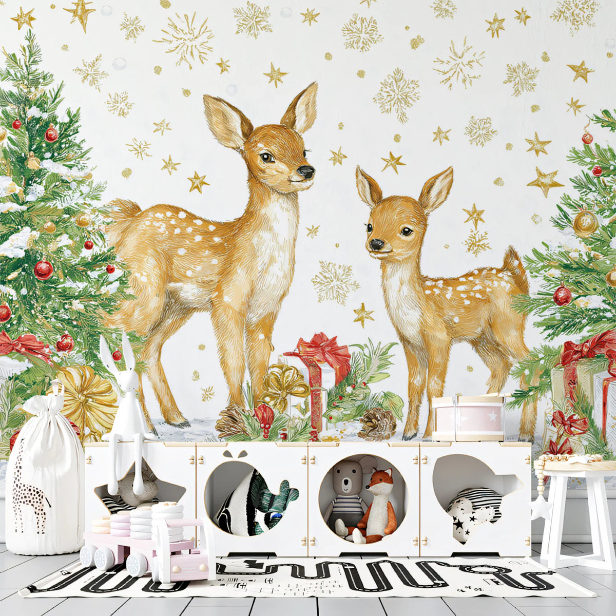 Deer and Holiday Tree Mural Wallpaper — Traditional Festive Scene Mural Wallpaper - pure wallpaper artwork