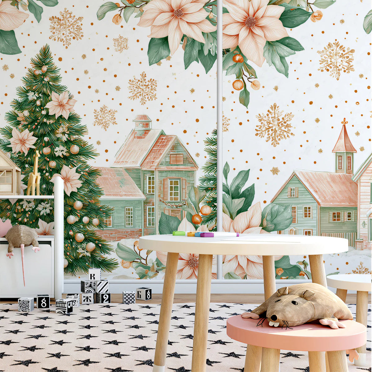 Pastel Winter Village Mural Wallpaper with Poinsettia Accents Mural Wallpaper - pure wallpaper artwork