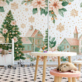 Pastel Winter Village Mural Wallpaper with Poinsettia Accents Mural Wallpaper - pure wallpaper artwork