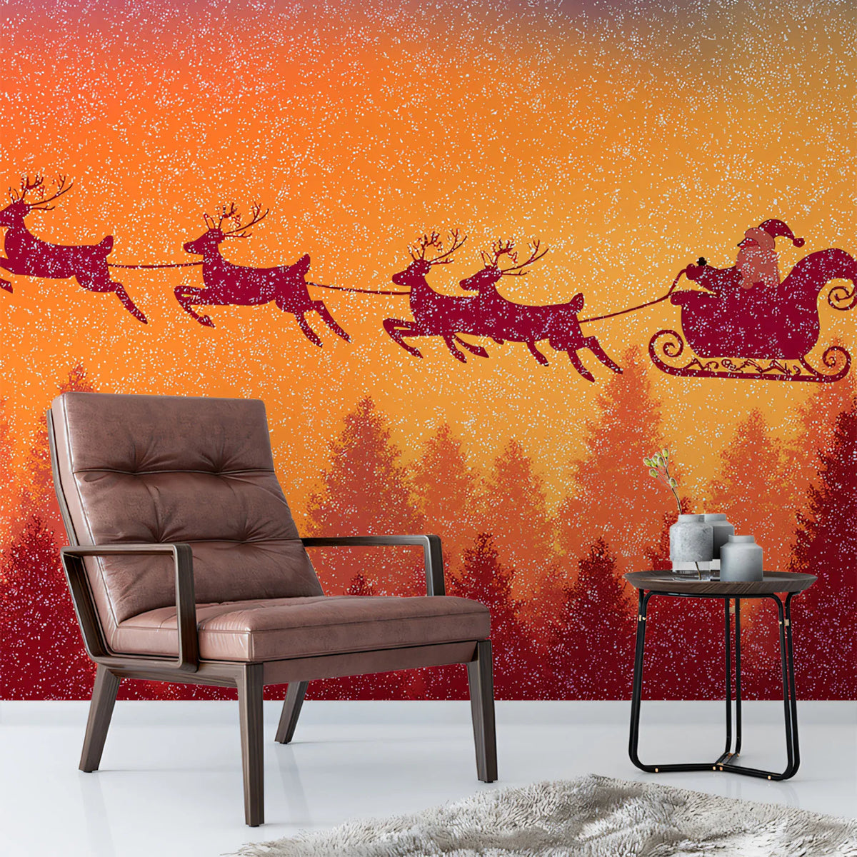 Sleigh Ride Silhouette Mural Wallpaper — Vibrant Arctic Gradient Mural Wallpaper - pure wallpaper artwork