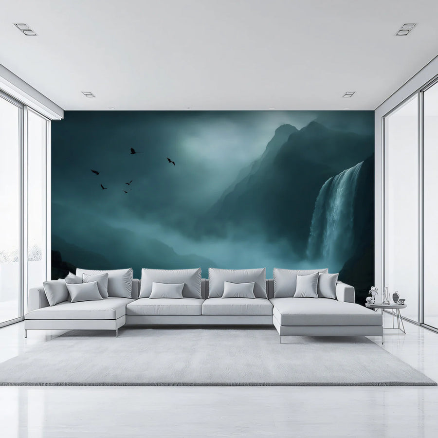 Misty Mountain Waterfall Mural Wallpaper — Cinematic Dark Landscape Mural Wallpaper