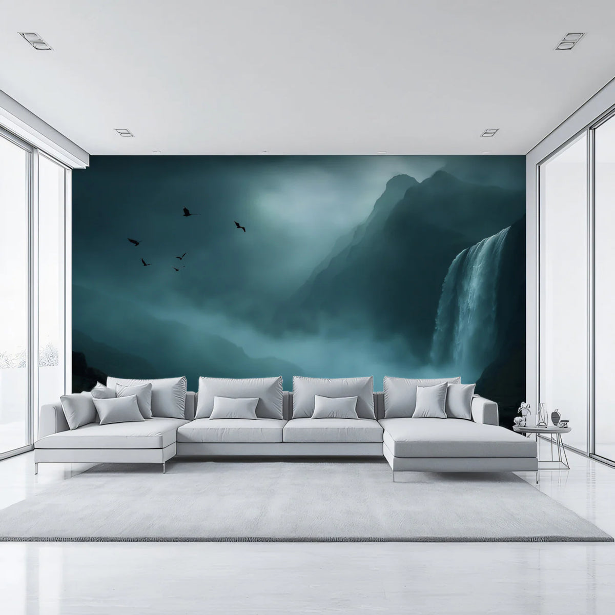Misty Mountain Waterfall Mural Wallpaper — Cinematic Dark Landscape Mural Wallpaper - pure wallpaper artwork