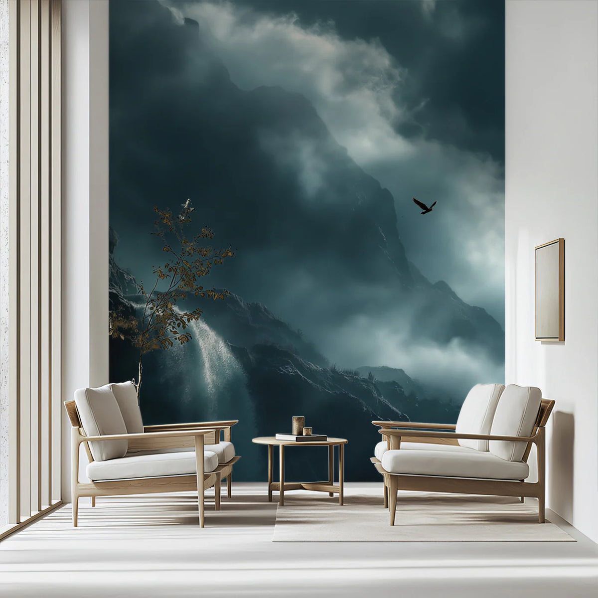 Mist-Covered Waterfall Mural Wallpaper — Moody Teal Mountain Scene Mural Wallpaper - pure wallpaper artwork