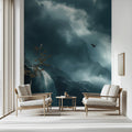 Mist-Covered Waterfall Mural Wallpaper — Moody Teal Mountain Scene Mural Wallpaper - pure wallpaper artwork