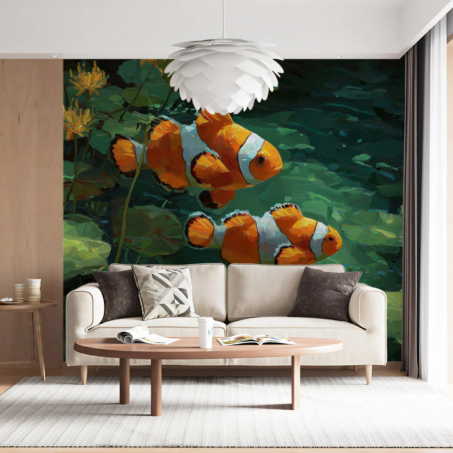 Clownfish and Water Lily Pond Mural Wallpaper — Oil Painting Style Mural Wallpaper