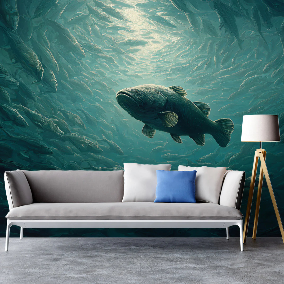 Deep Sea Schooling Fish Mural Wallpaper — Oil Painting Style Mural Wallpaper - pure wallpaper artwork