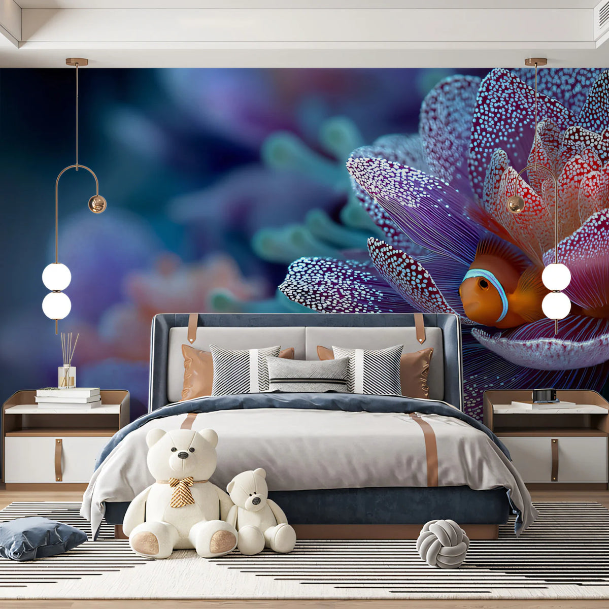 Clownfish in Purple Anemone Mural Wallpaper — Surreal Macro Floral Mural Wallpaper - pure wallpaper artwork