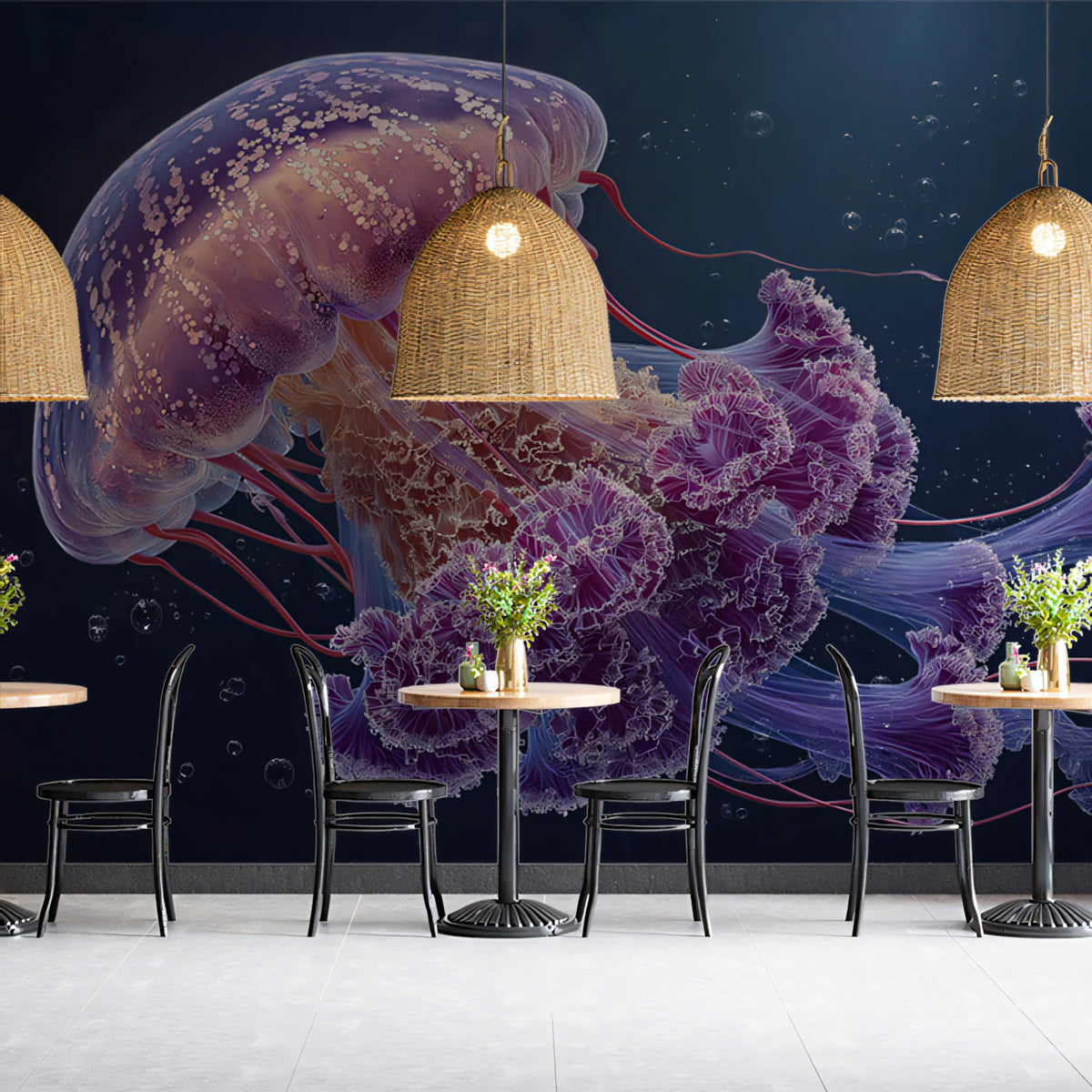 Bioluminescent Bell Jellyfish Mural Wallpaper — Deep Sea Style Mural Wallpaper - pure wallpaper artwork