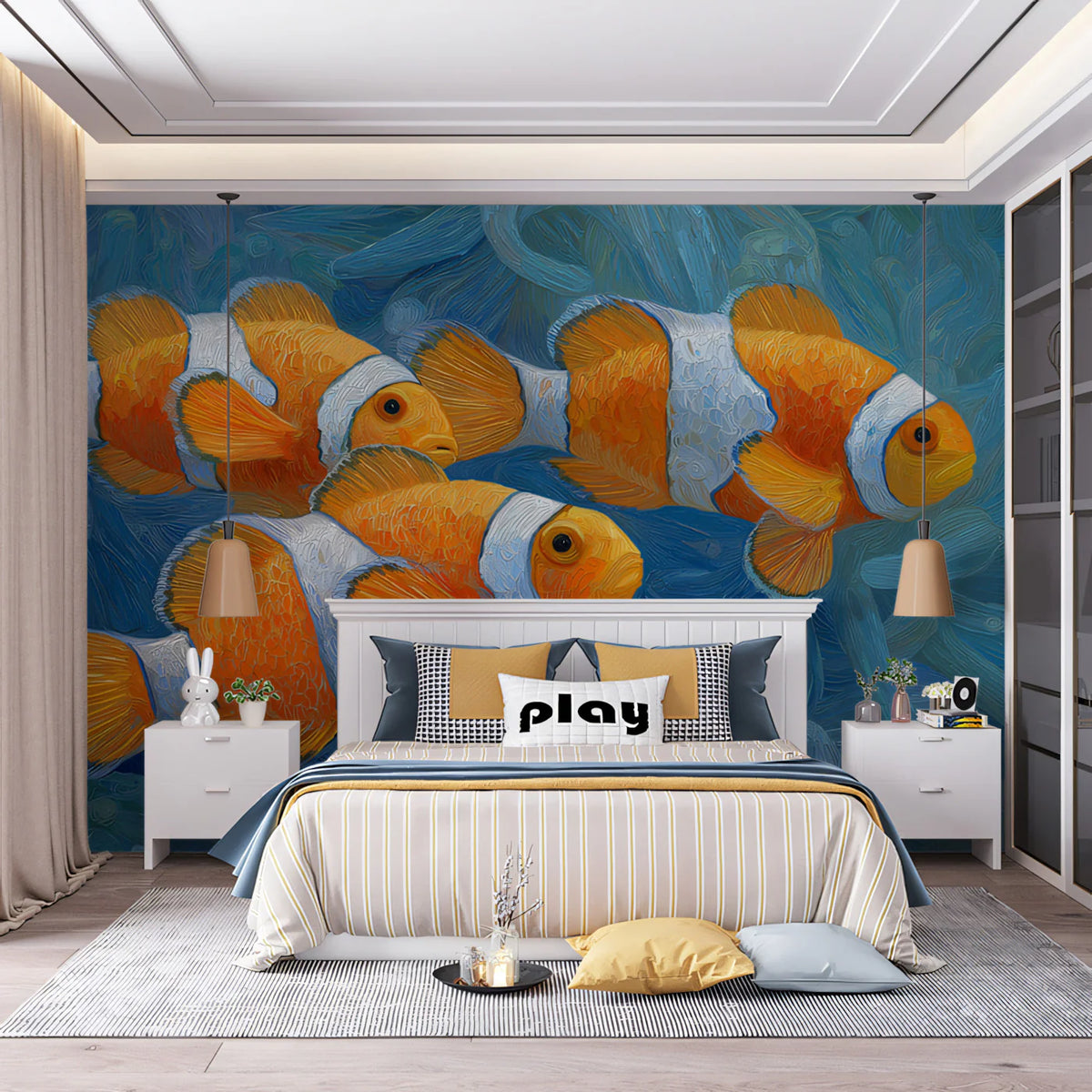 Impasto Clownfish Mural Wallpaper — Artistic Aquatic Theme Mural Wallpaper - pure wallpaper artwork