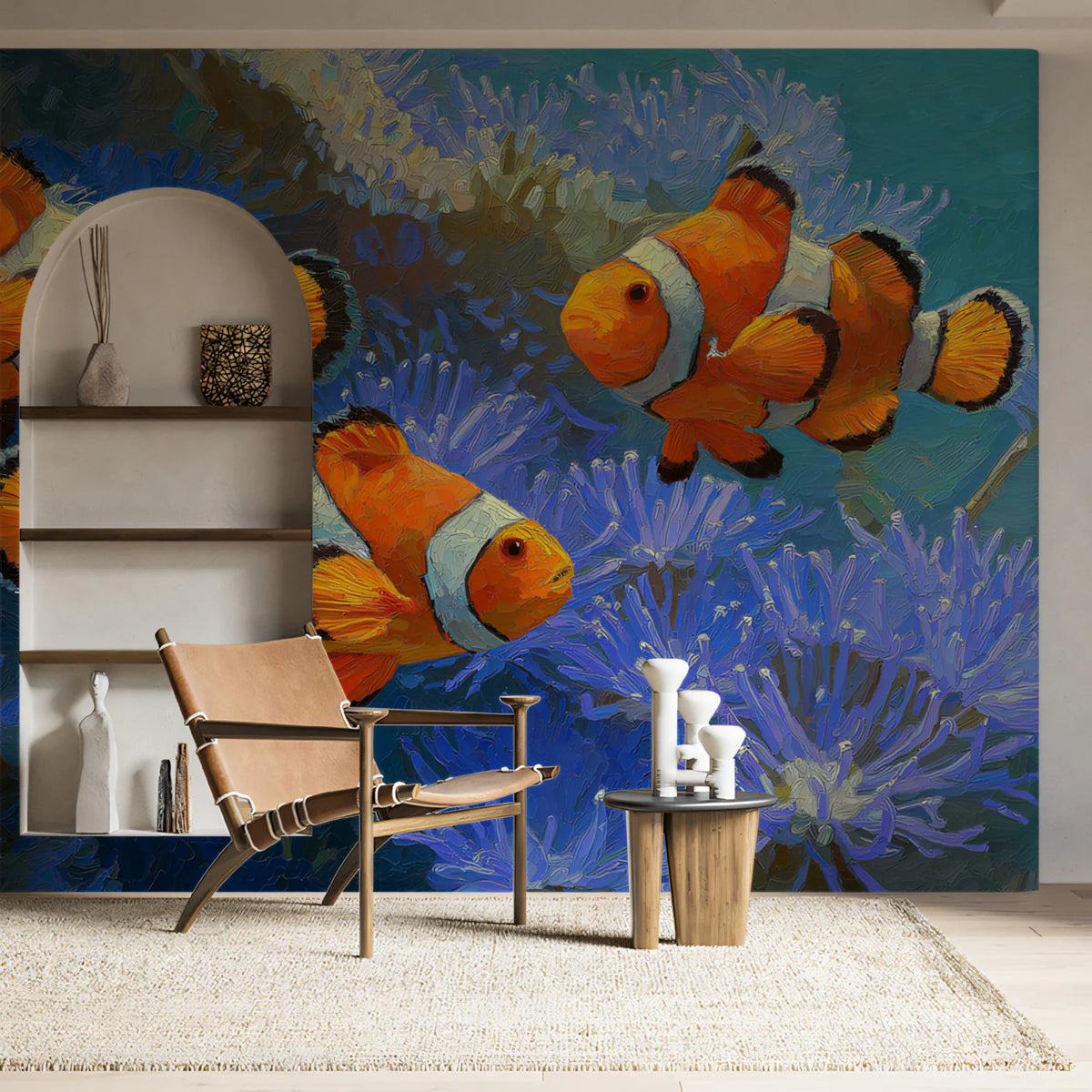 Impressionist Clownfish Mural Wallpaper — Vibrant Underwater Art Mural Wallpaper - pure wallpaper artwork