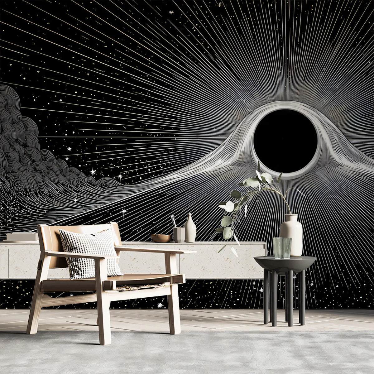 Black Hole Distortion Mural Wallpaper — Monochromatic Cosmic Art Mural Wallpaper - pure wallpaper artwork