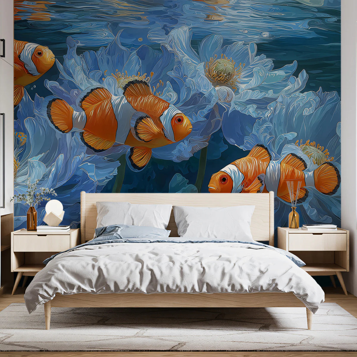 Clownfish and Blue Bloom Mural Wallpaper — Surreal Underwater Art Mural Wallpaper - pure wallpaper artwork