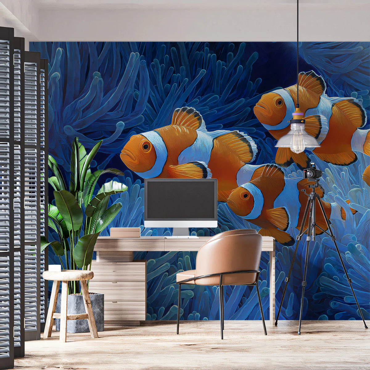 Clownfish and Blue Anemone Oil Painting Mural Mural Wallpaper - pure wallpaper artwork