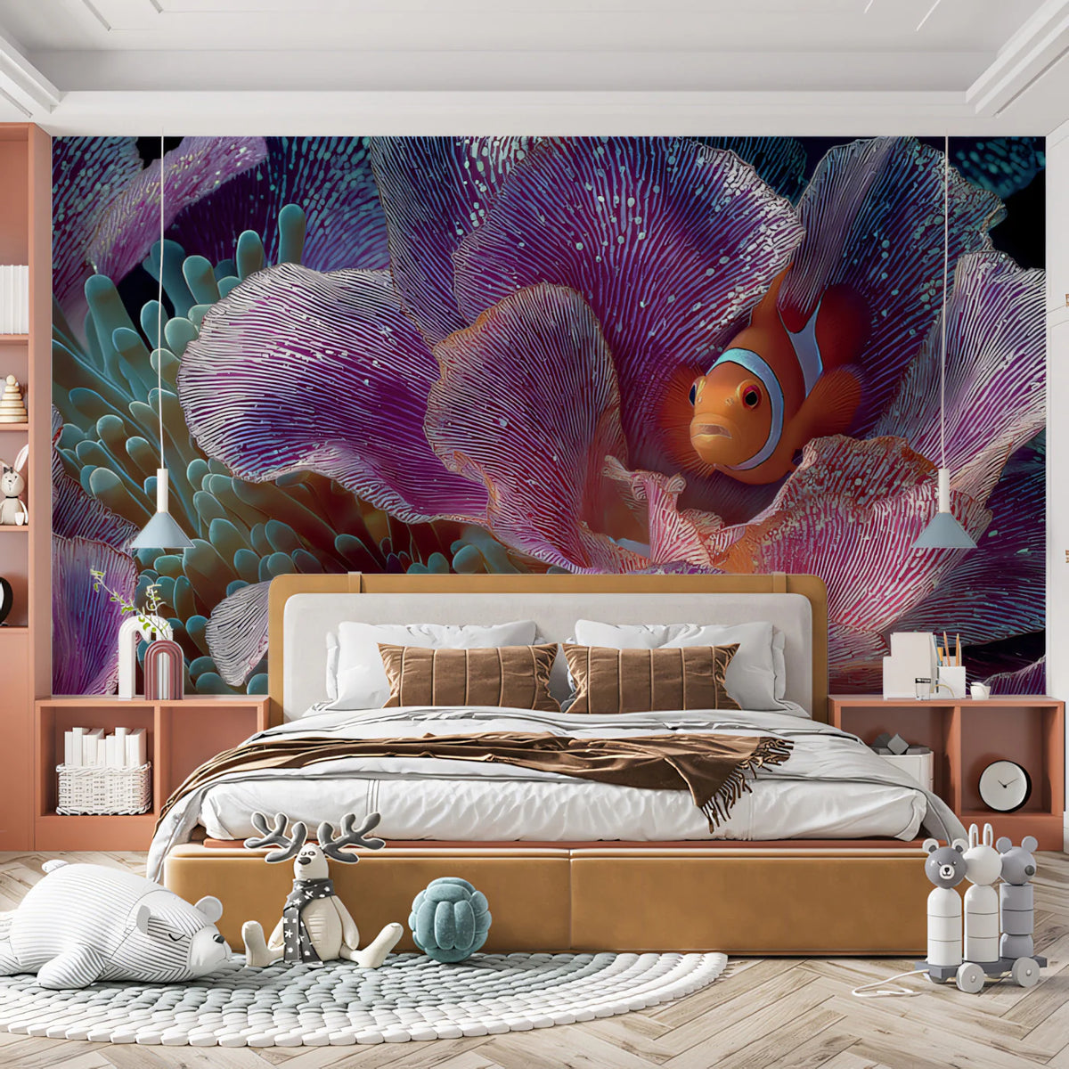 Clownfish and Purple Anemone Mural Wallpaper —Macro Underwater Art Mural Wallpaper - pure wallpaper artwork