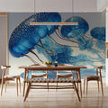 Floating Blue Jellyfish Trio Mural Wallpaper — Stylized Marine Art Mural Wallpaper - pure wallpaper artwork