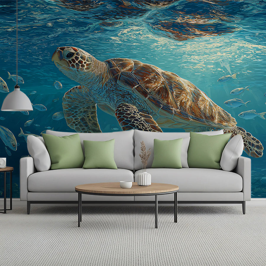 Oceanic Sea Turtle Mural Wallpaper — Coastal Blue Underwater Scene Mural Wallpaper