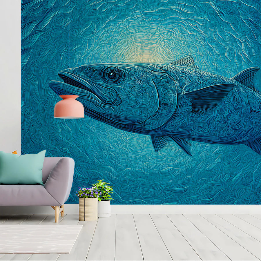 Abyssal Fish Mural Wallpaper — Swirling Impressionistic Marine Design Mural Wallpaper
