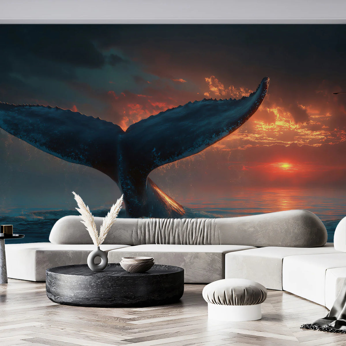 Sunset Whale Fluke Mural Wallpaper — Cinematic Ocean Wall Art Mural Wallpaper - pure wallpaper artwork