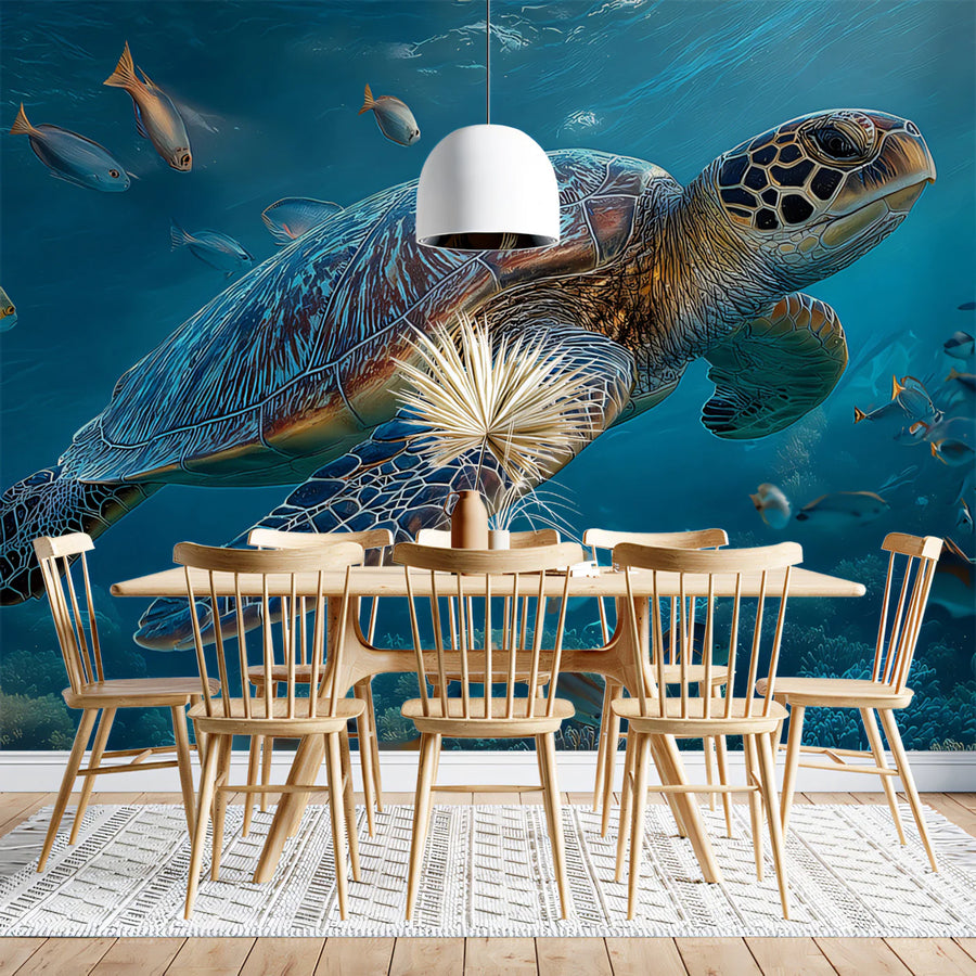 Sea Turtle Coral Reef Mural Wallpaper — Underwater Aquatic Scene Mural Wallpaper